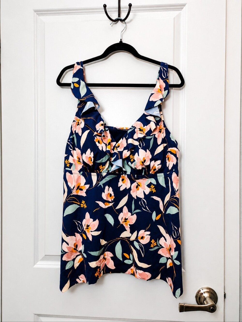 EVRI Navy Floral Ruffle Swim Camisole with Pink and Green Accents